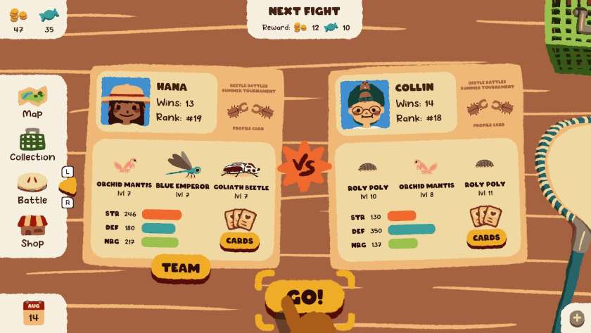 The profile cards for Hana, showing her three bugs with a total strength of 246, defence of 180 and energy of 217, and for Collin showing his three bugs with a total strength of 130, defence of 350 and energy of 137. Published on LadiesGamers