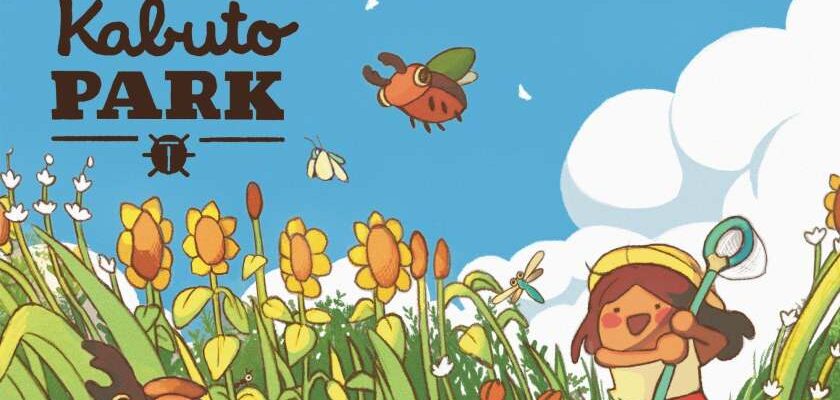 Promotional image for Kabuto Park showing a girl with a bug net chasing bugs through a field. Published on LadiesGamers