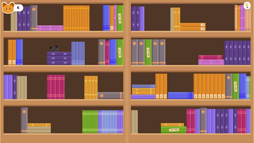 A cat is laying behind some books on a bookshelf in Kitty Finder.