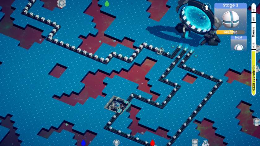 A hole-filled level where a few conveyers are carrying items in Object Factory.