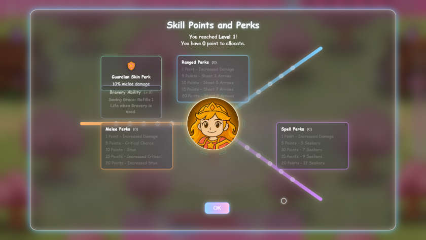 The skill tree menu in Olivia's World: Crystal Keep.