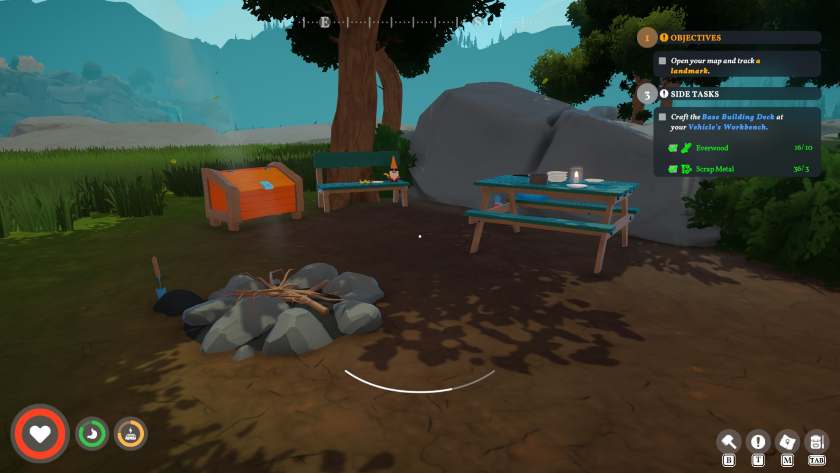A picnic area has some litter around it and a campfire in Outbound.