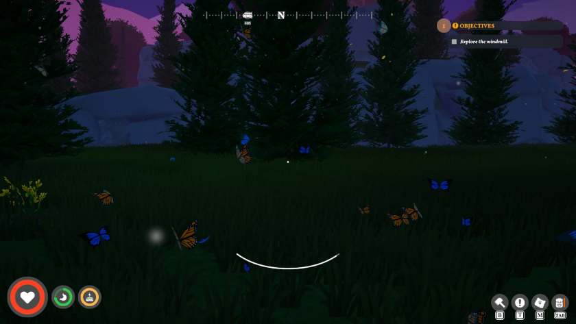 Butterflies flutter around you in a meadow in Outbound.
