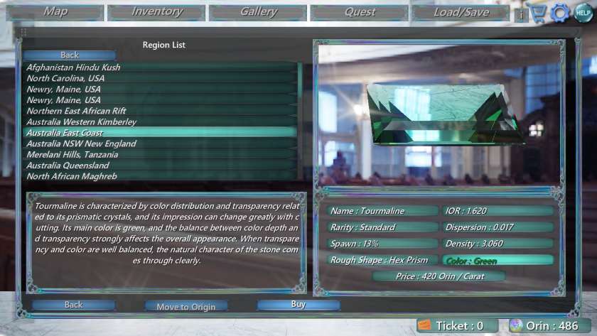 A menu shows information on Tourmaline, a gemstone found in RigidGems Museum.