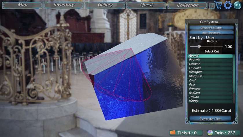An outline of a potential cut of a stone is outlined on the uncut stone.