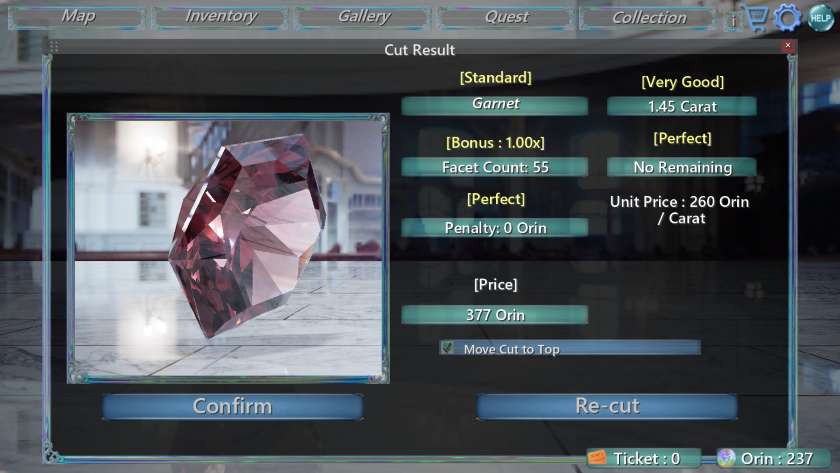A perfectly cut gem is displayed in a menu showing what it is worth in RigidGems Museum.