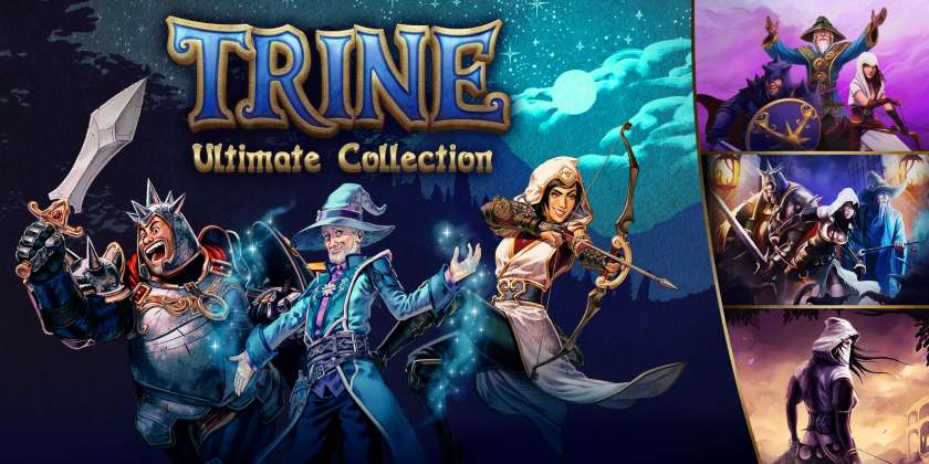 Promotional image for Trine Ultimate Collection, showing the artwork from the four games. Published on LadiesGamers