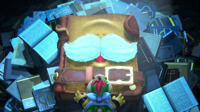 Bowser Junior at the top of a pile of books, looking at a large brown book. Published on LadiesGamers.
