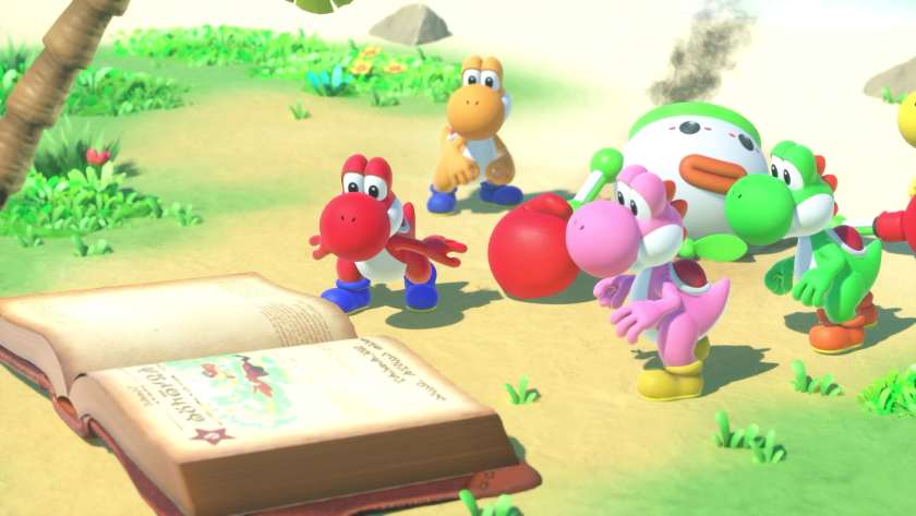 Four Yoshis looking at an open book. The clown car is in the background, with smoke coming from it. Published on LadiesGamers.