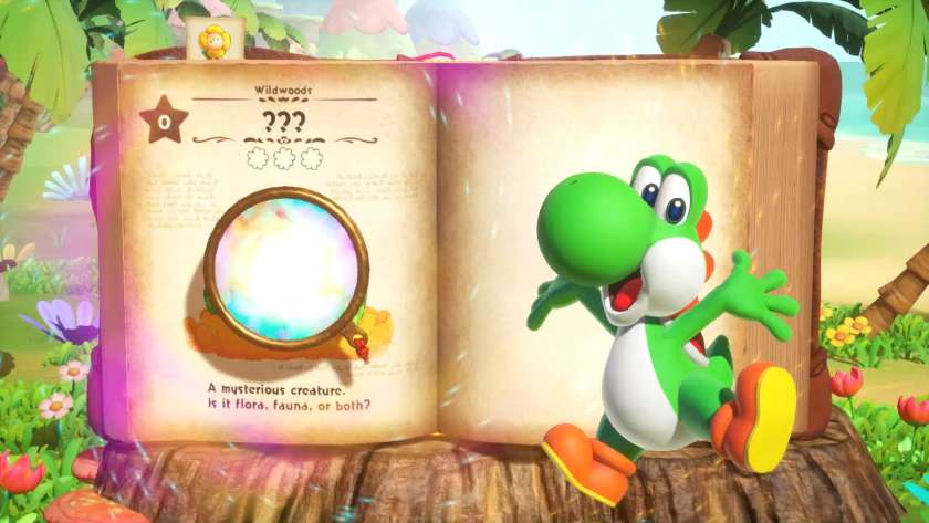 Yoshi about to be sucked into the book via the magnifying glass which is covered by a swirling rainbow of colour. Published on LadiesGamers.