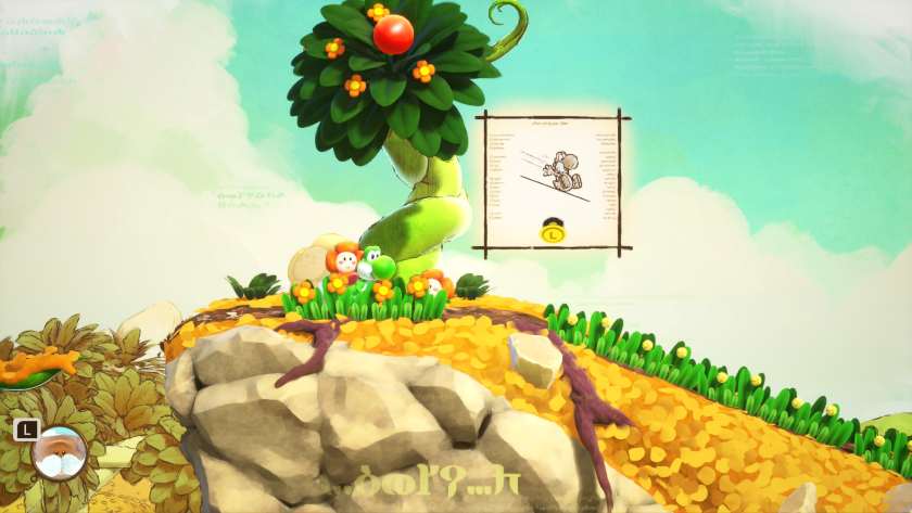 Yoshi in some flowers on a hillside, with a note showing the control to slide. Published on LadiesGamers.
