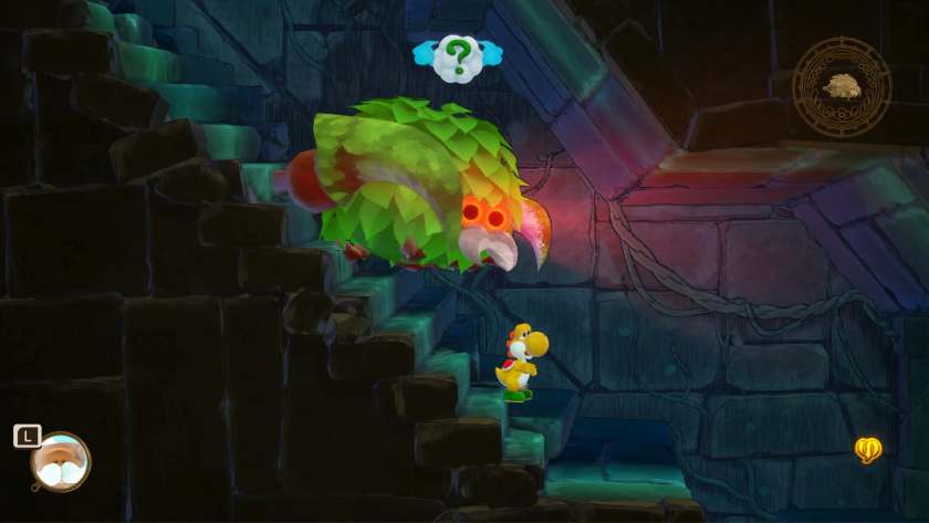 A giant spider-like bush creature with deadly claws chasing Yoshi. Its eyes are red and menacing. Published on LadiesGamers.