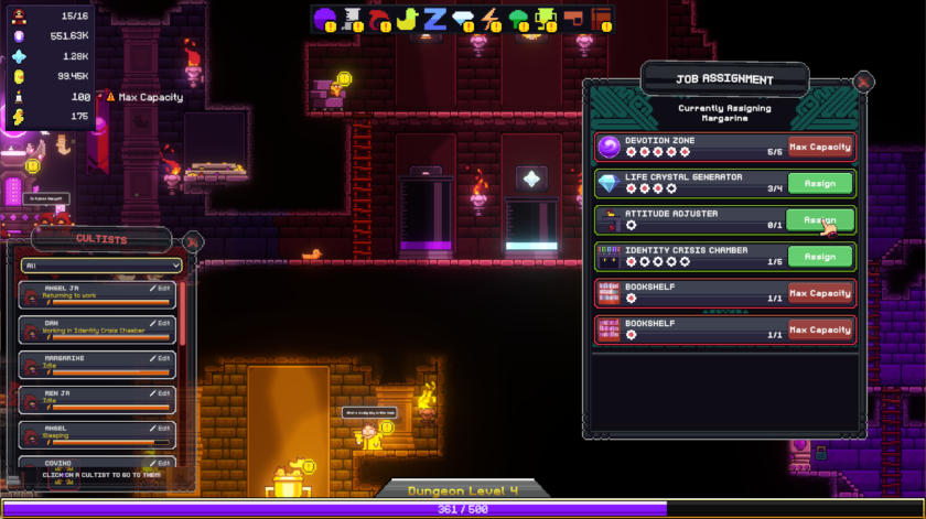 All Hail the Orb: the cultist management window allows players to assign specific cultists to specific rooms