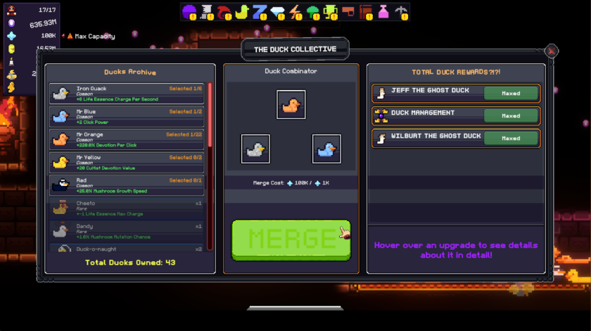 All Hail the Orb: players can select three ducks to combine into a higher rarity duck