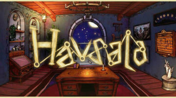 Havsala title on the background of a room with window showing space