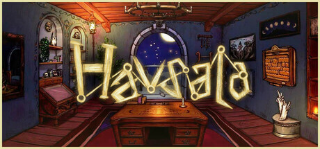 Havsala title on the background of a room with window showing space