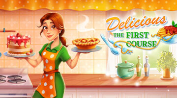 the title Delicious The First Course and a picture of a dark haired woman in a green dress and yellow apron holding a hot dish