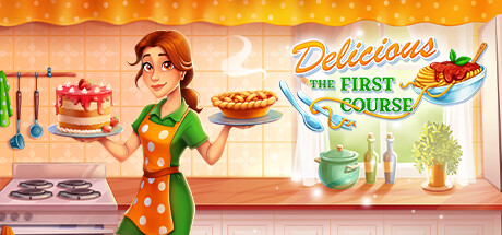 the title Delicious The First Course and a picture of a dark haired woman in a green dress and yellow apron holding a hot dish