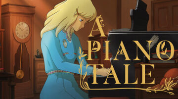 a blond woman sitting on a piano playing and the title A Piano Tale