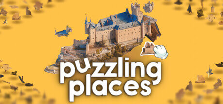 the title Puzzling Places and a castle in pieces on a yellow background