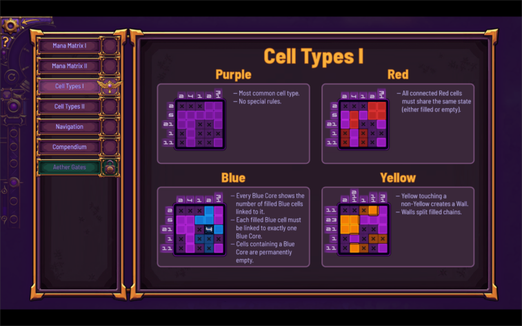 Homgard: the compendium screen logs all the different puzzle solving rules