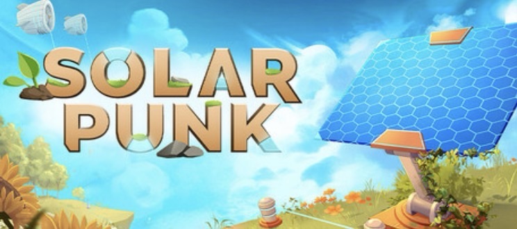 Promotional image for Solarpunk, showing sky islands and solar panel. Published on LadiesGamers