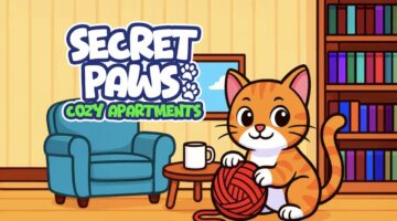 Promotional image for Secret Paws – Cozy Apartments showing a ginger cat holding onto a ball of red wool, in a living room setting. Published on LadiesGamers.