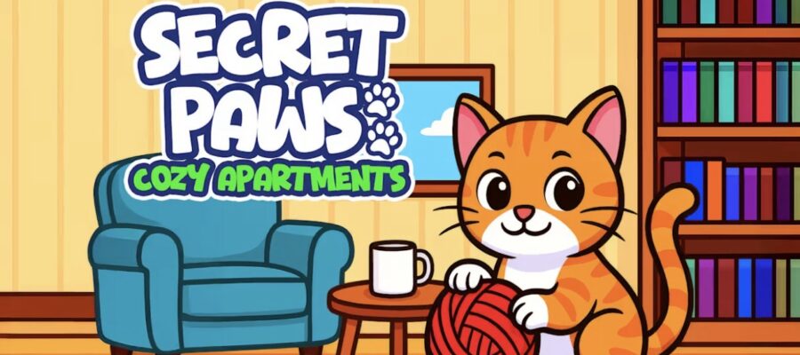 Promotional image for Secret Paws – Cozy Apartments showing a ginger cat holding onto a ball of red wool, in a living room setting. Published on LadiesGamers.