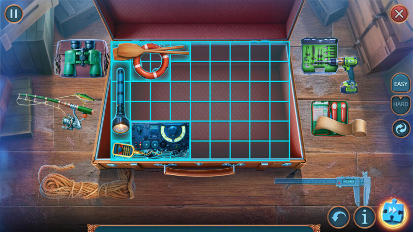 an open suitcase with a grid and objects we need to fit into the grid