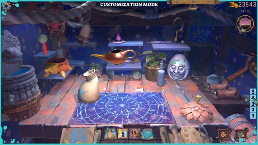 a blue themed workshop area with Aladin's lamp
