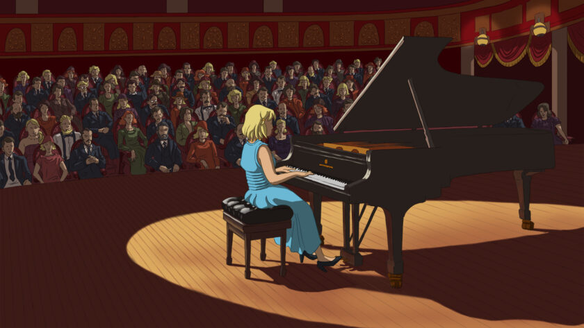 A blond woman sitting on a piano in front of an audience