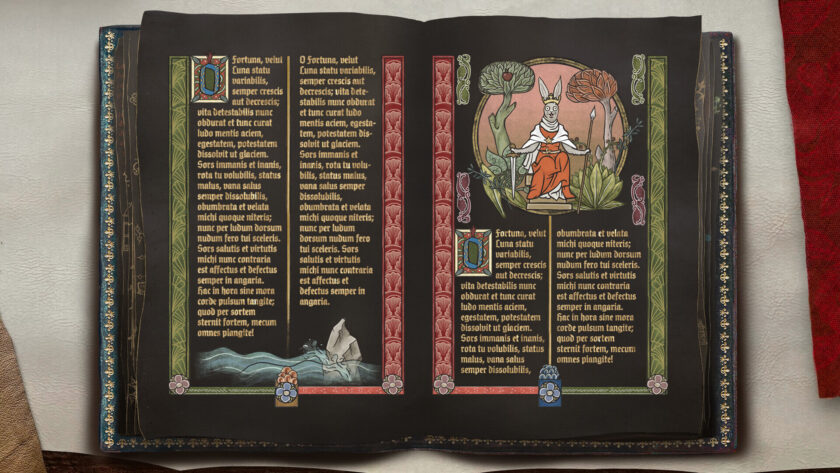 an ornate manuscript on a black background with a king illustration