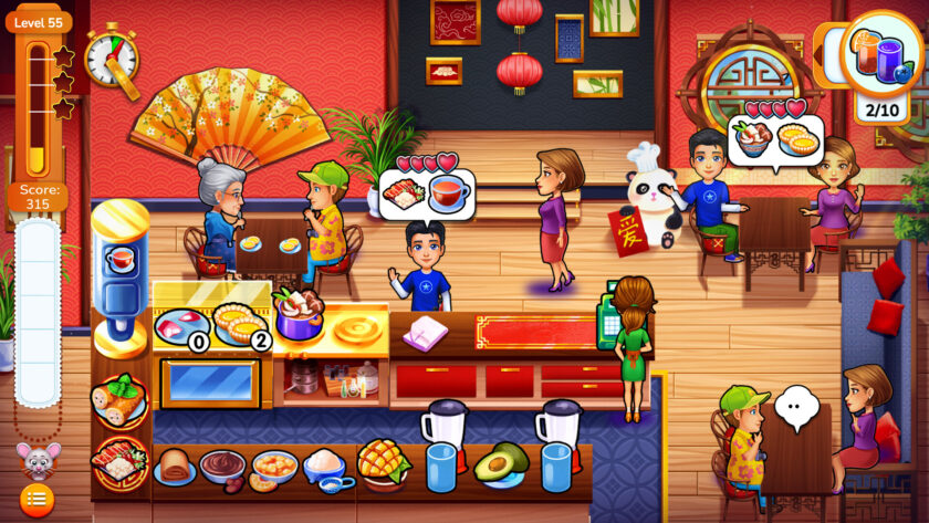 an interior of a Chinese restaurant with table with clients and food orders