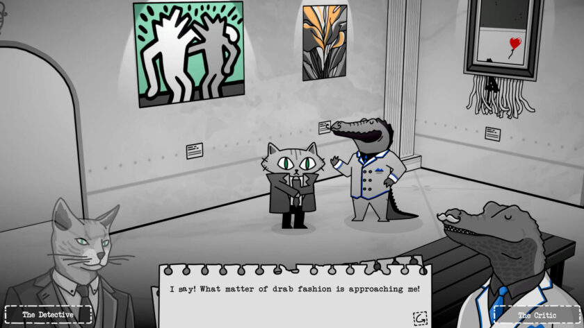 a cat detective questioning an alligator in a suit in front of some paintings