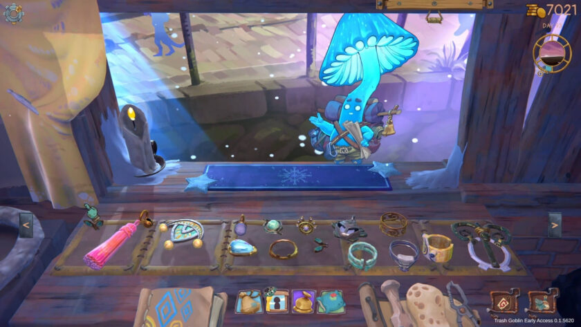 a blue mushroom customer in front of our shop front where we have different small items for sale