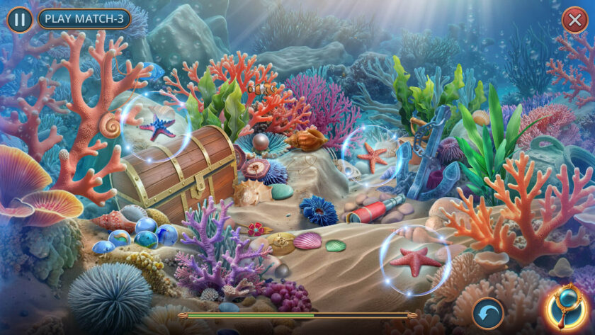 Under the sea scene with a trunk and different colored corals and sea grass and sea stars
