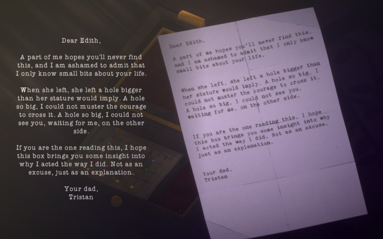 Swan Song: the letter item is shown on the right side and a transcript of its contents are shown on the left in a more legible font.