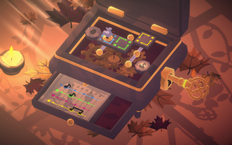 Swan Song: a more complex puzzle that features blue, green, and yellow platforms.