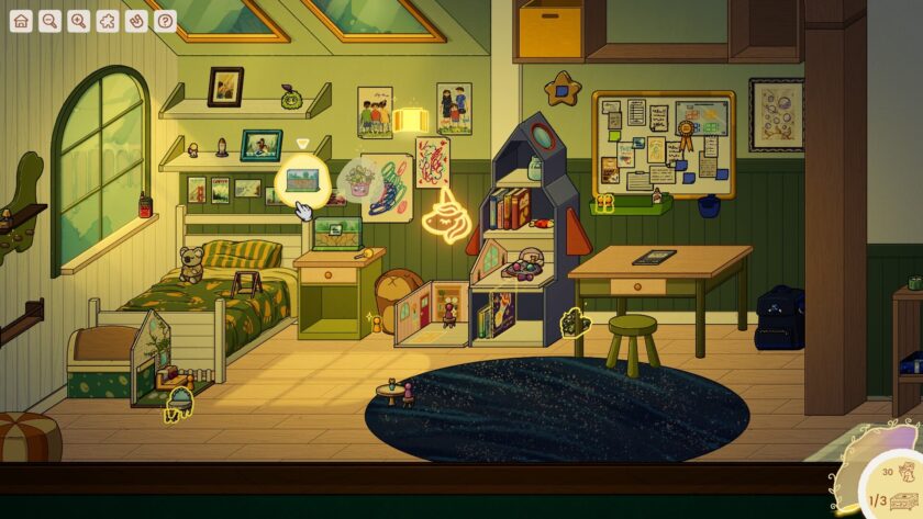 a cluttered child bedroom with a lot of toys and books and a glowing box with toys above it