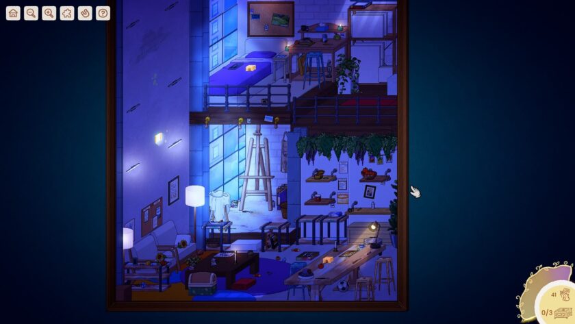 a blue lit artist studio with painting supplies and paints on one floor and a small bedroom above it