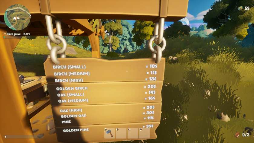 A price list in A Game About Chopping Trees