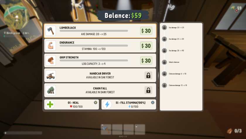 A menu of upgrades in A Game About Chopping Trees