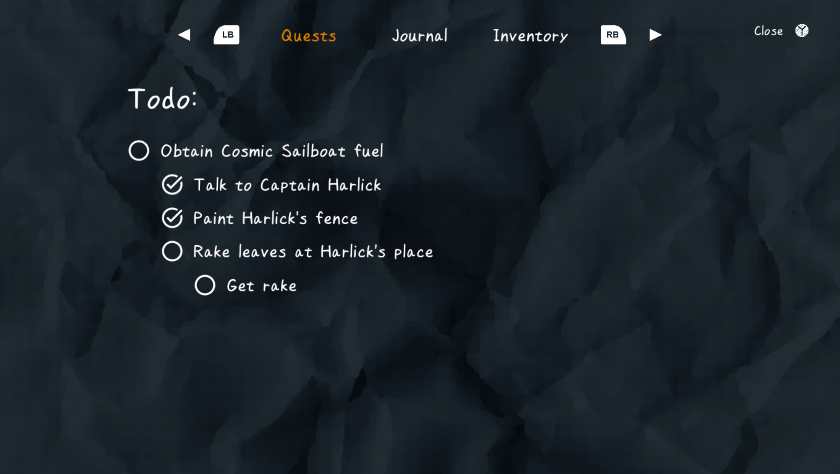 A quest journal in Captain Corgi: Planetary Problem Solver