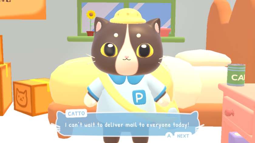 A black cat with white muzzle, wearing a blue top with the letter P on it. Catto is saying “I can't wait to deliver mail to everyone today.” Published on LadiesGamers