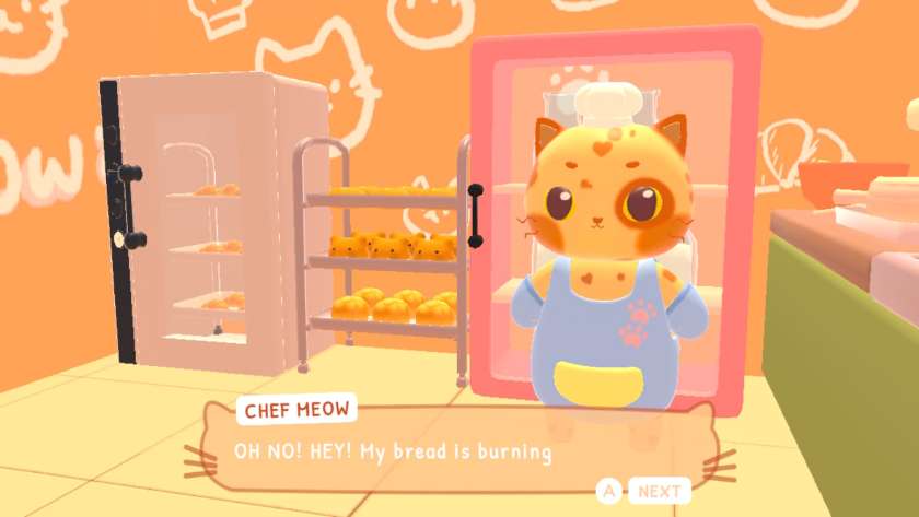 Chef Meow in the bakery saying “ Oh no! Hey! My bread is burning.” Published on LadiesGamers