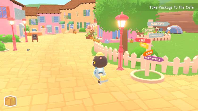 Catto standing in town, near a signpost. There is a note in the top right “Take package to the cafe.” Published on LadiesGamers