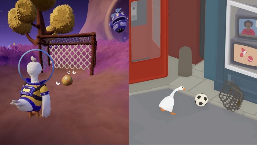 Photomontage of Duck Side of the Moon and Untitled Goose Game with the relevant fowl playing football. Published on LadiesGamers