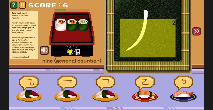 Kanji Cats has a piece of nori seaweed, ready to wrap the sushi made from the pieces of a kanji.