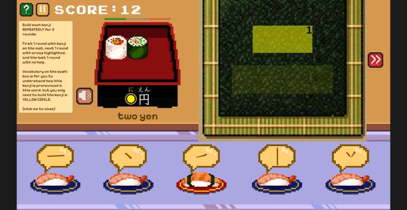 Kanji Cats has a piece of nori seaweed, ready to wrap the sushi made from the pieces of a kanji.