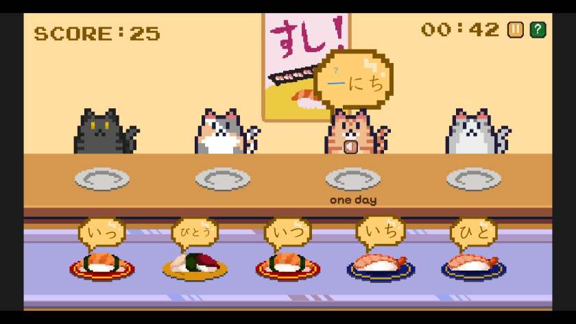 Hungry cats wait for their kanji sushi along a conveyer belt in Kanji Cats.